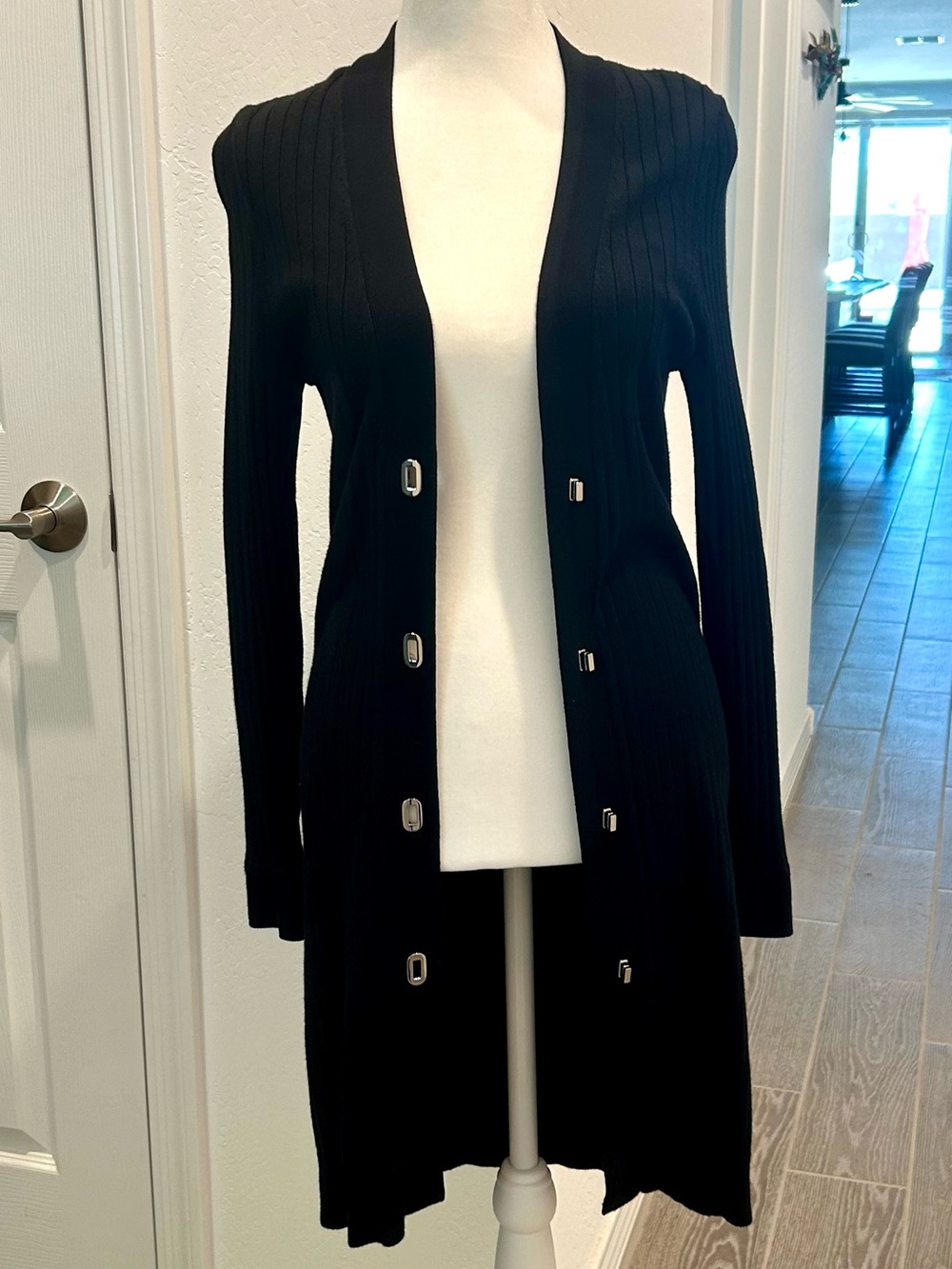 White House Black Market - Black Ribbed Long Open Cardigan with Silver Closures